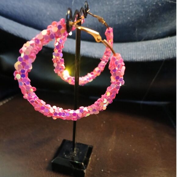 Candy Pink Sequin Hoop Earrings Hoops - Picture 8 of 9